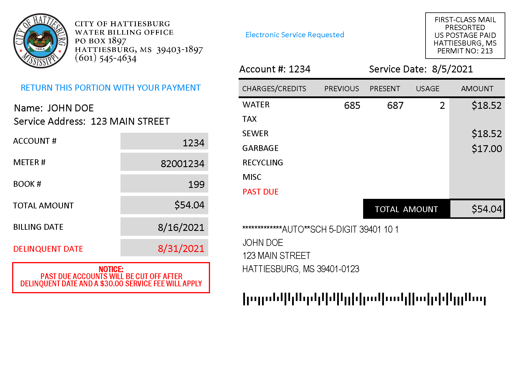 Sample water bill old City Of Hattiesburg